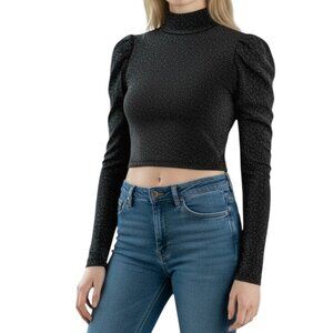 DIVIDED Black & Silver Metallic Long Sleeve Turtleneck Crop Top - Size Small